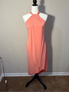 VENUS Coral Halter Wrap-Front Maxi Dress